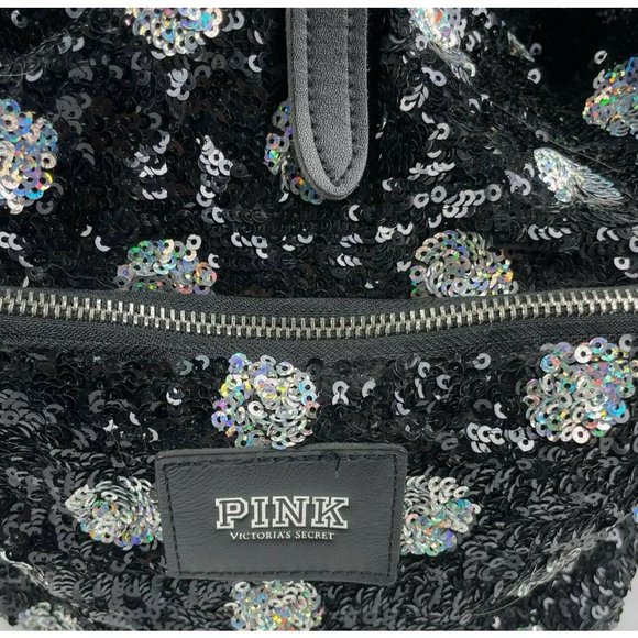 Victoria Secret PINK Backpack Silver Black Leopard Print Sequin Handbag - Picture 3 of 9